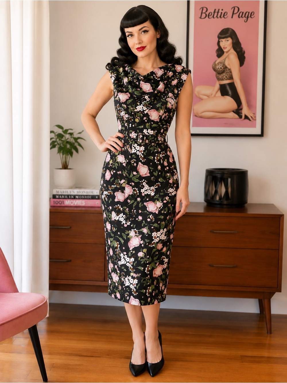 Bettie Page Pinup Floral Cowl Neck Midi Dress XL Retro Vintage-Inspired